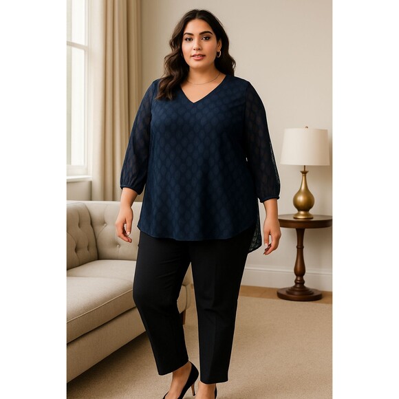 Jones New York Women’s Blouse Sz L Navy Textured Sheer Overlay 3/4 Sleeve Tunic - Picture 4 of 8